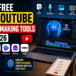 Free AI YouTube video making tools 2026 with AI video editor, laptop workspace, and content creation technology.
