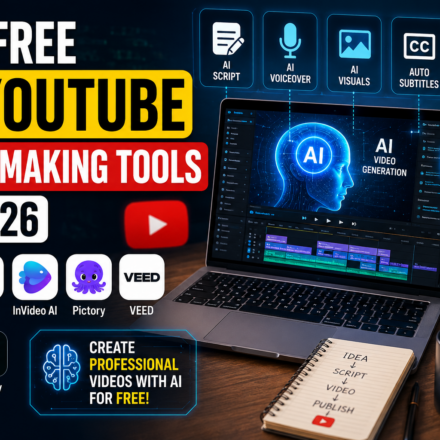 Free AI YouTube video making tools 2026 with AI video editor, laptop workspace, and content creation technology.